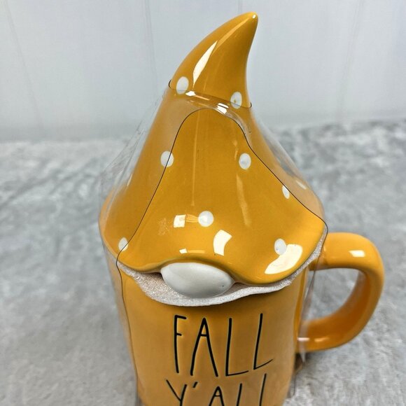 Rae‎ Dunn Fall Y'all Gnome Topper Mug NWOT Yellow Orange Polka Dot - Picture 2 of 5